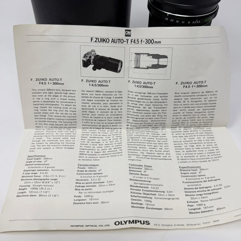Olympus OM-System F.Zuiko Auto-T 300mm f/4.5 Lens Case Manual Filter Japan
